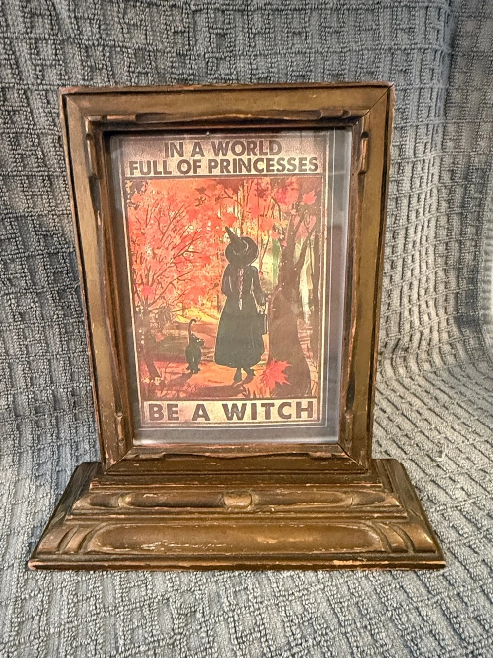 Vintage wood frame on pedestal, bronze/gold color